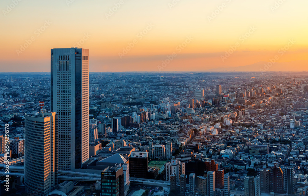 日落时分，摩天大楼耸立在日本东京西新宿的城市景观上