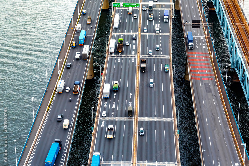 Aerial view of an expressway bridge in Odaiba, Tokyo, Japan