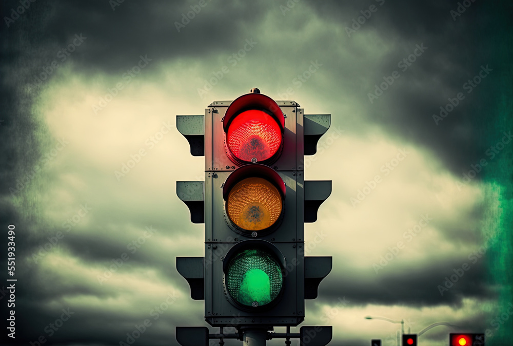 Shot of traffic lights with a stop sign against a drab sky. Generative AI