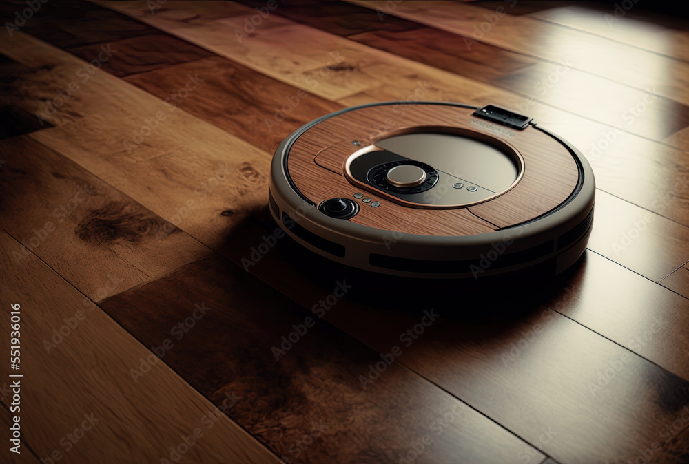 Cleaning is done with a robot vacuum on a laminate floor that looks like wood. Generative AI