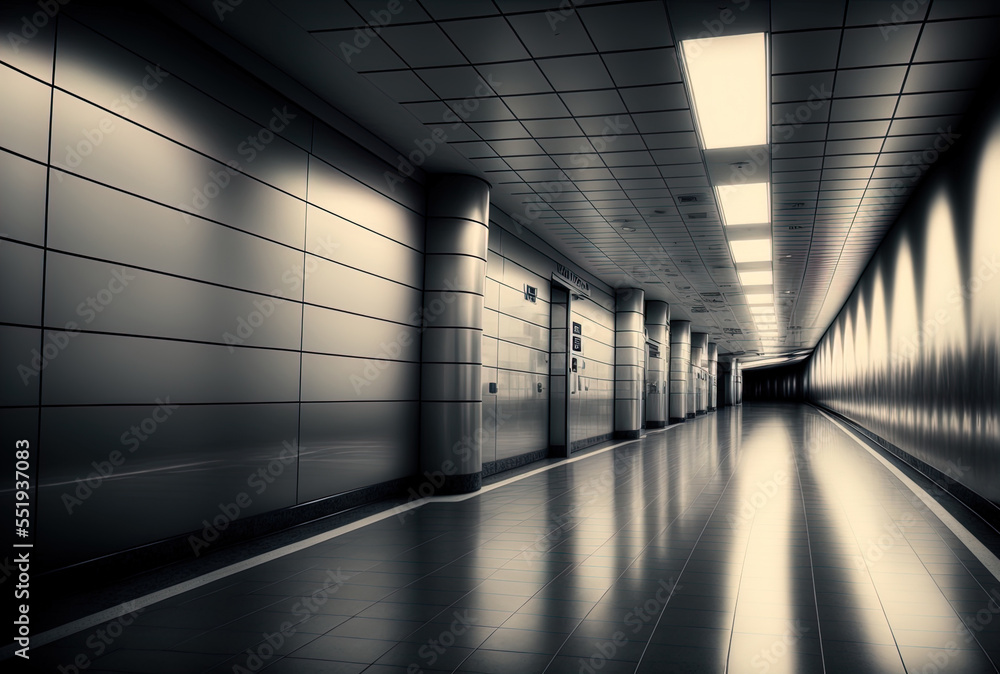 Contemporary airport or subway hallway. Generative AI