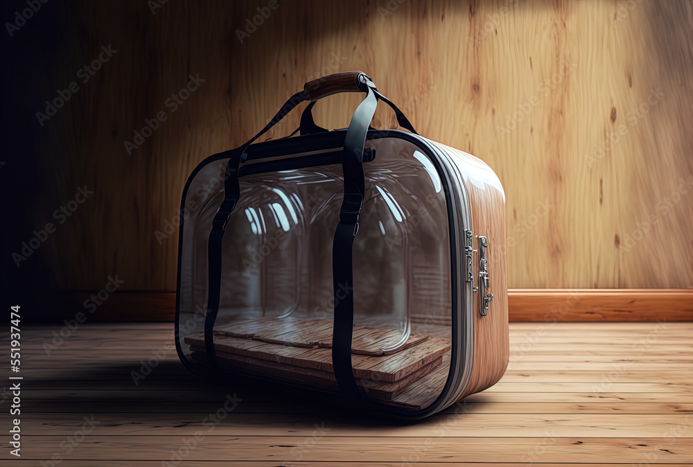 Realistic depiction of a large polycarbonate travel bag with a handle on a hardwood backdrop. Genera