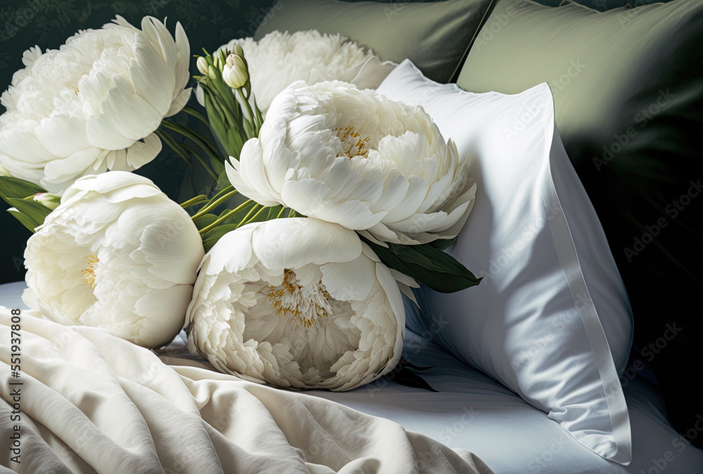 White spring peonies on bed, close up. Generative AI