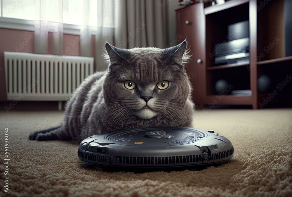 Angry thoroughbred cat is lying on the carpet in the room near to the robot vacuum. Generative AI