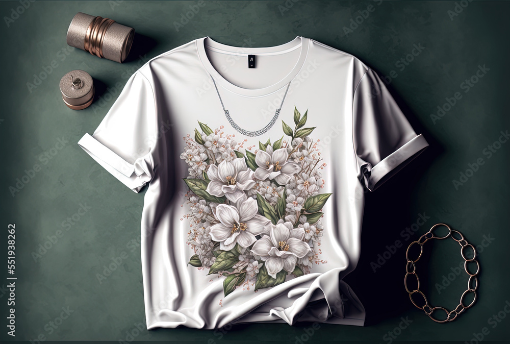 Mockup of a white womens cotton t shirt with white flowers jewelry and nail paint. Generative AI