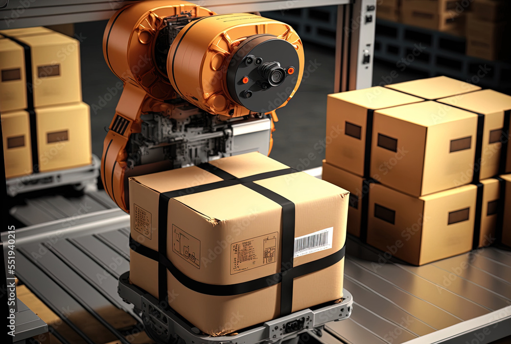 Packing robot with logistics system production and maintenance. Generative AI