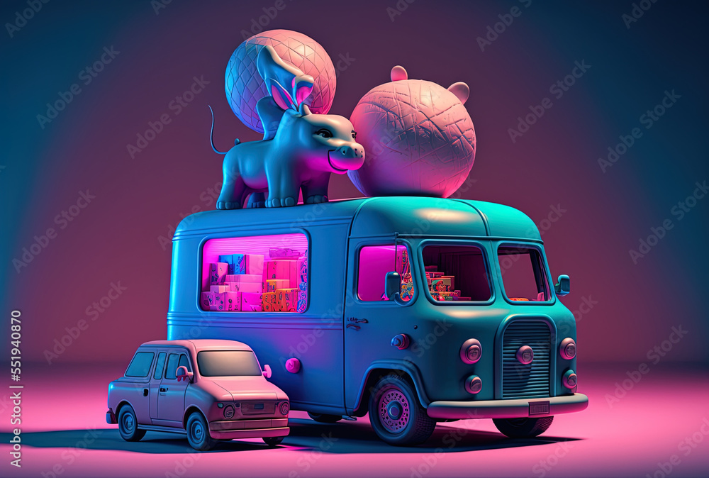 Toys on a cargo van are illuminated in blue against a pink background. Generative AI