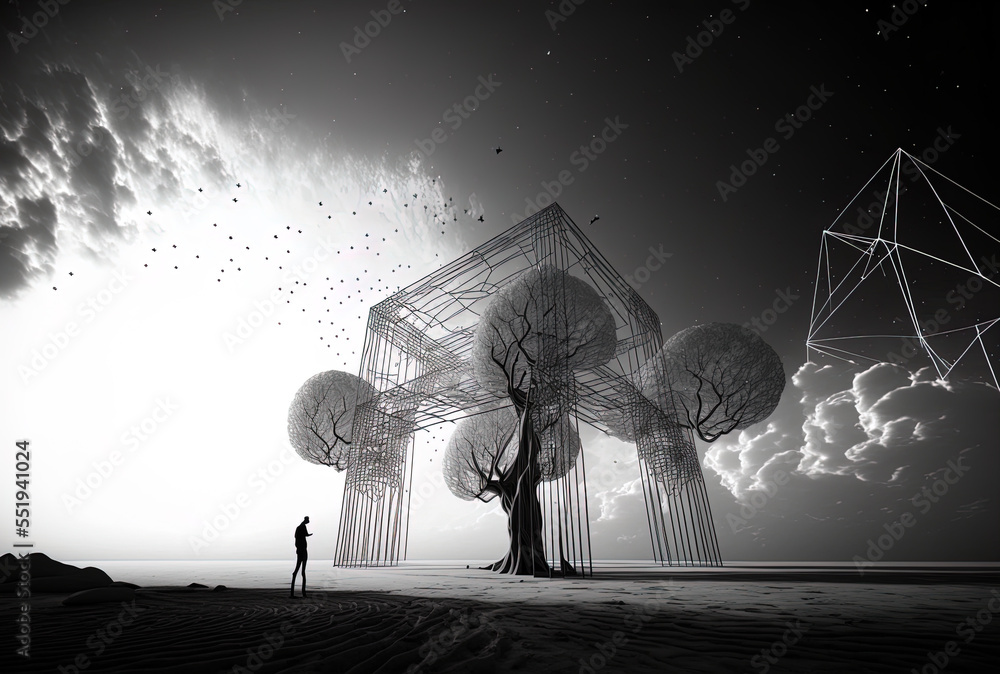 conceptual wireframe a scene with the sky and space. Generative AI