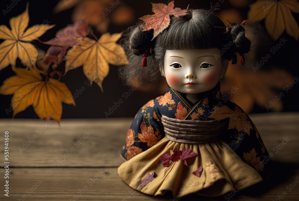 Old Japanese Girl Doll on Wood Table with Blurred Background of Maple Leaves. Generative AI