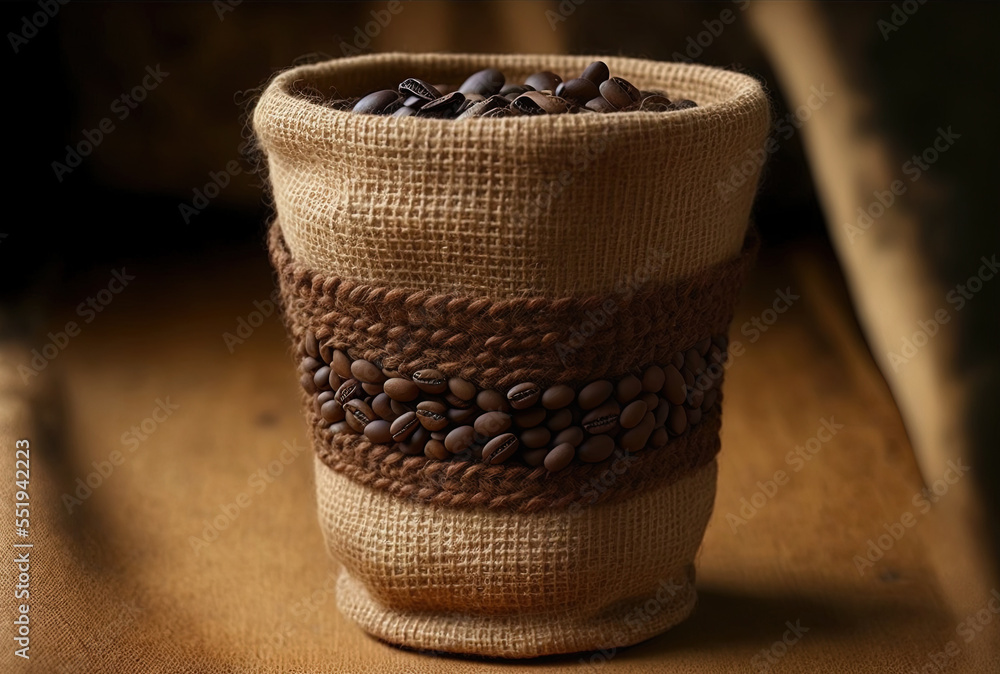 Burlap cup with freshly roasted coffee beans inside. Generative AI