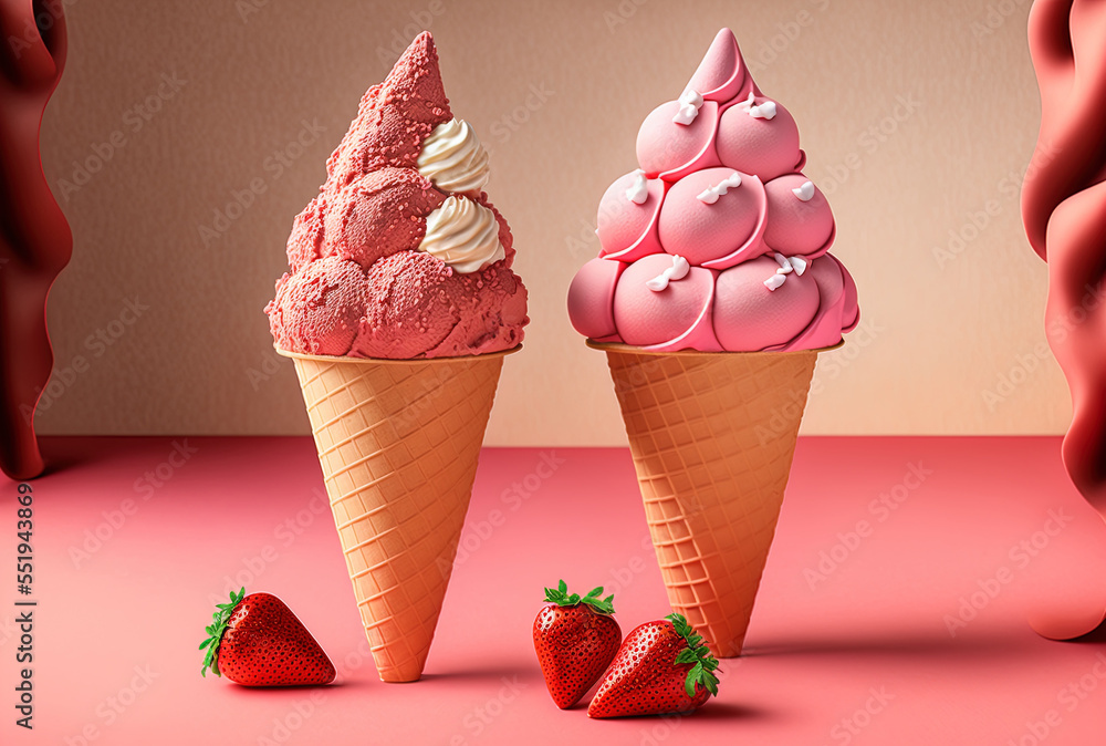 Strawberry ice cream cones are on the table. Generative AI