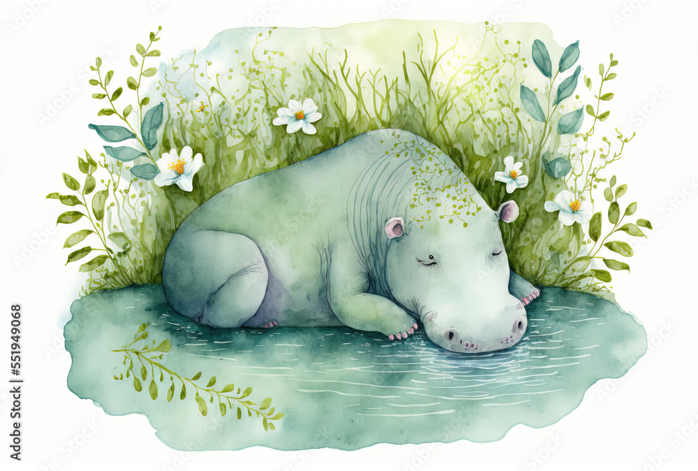 Hippo resting in a pond is adorable.ideal for textiles, fabrics, apparel, books, notes, stickers, po