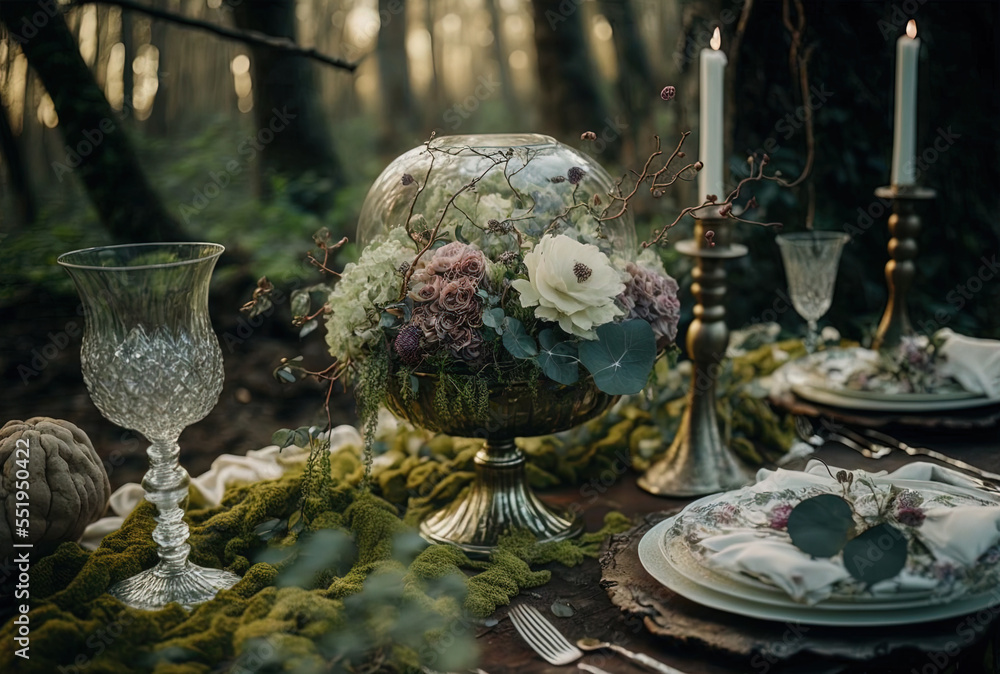 a beautifully decorated wedding table in the woods. Generative AI