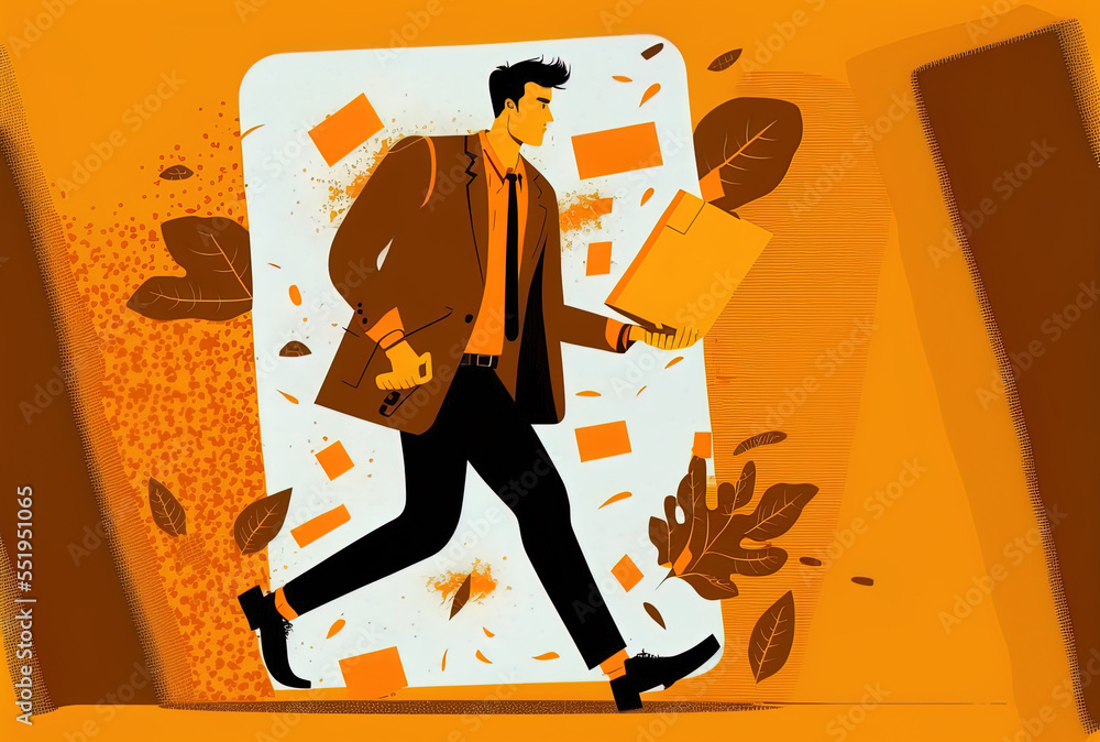 On an orange backdrop, a businessman with a smartphone is clutching a cardboard package. idea for a 