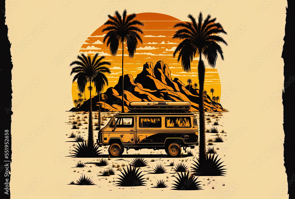 Desert solitary unique offroad design travel and tourist piece with palm trees. Generative AI