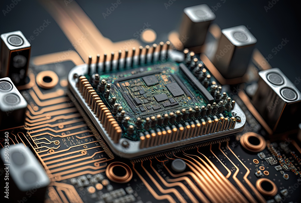 Closeup of a smart microchip on a motherboard technology mashup. Generative AI