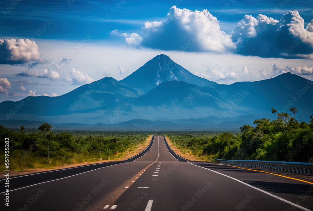 Beautiful Thai highway road with a backdrop of a blue sky and a mountain. Generative AI