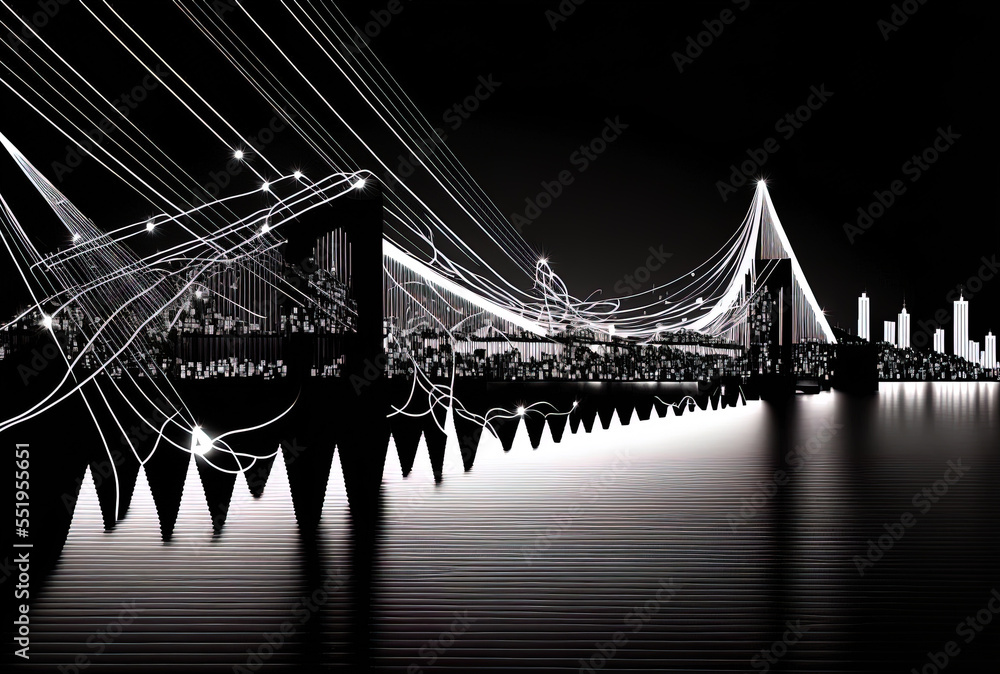 White and black abstraction The metropolis of the Sea Bays night lights dance in delicate wire stra