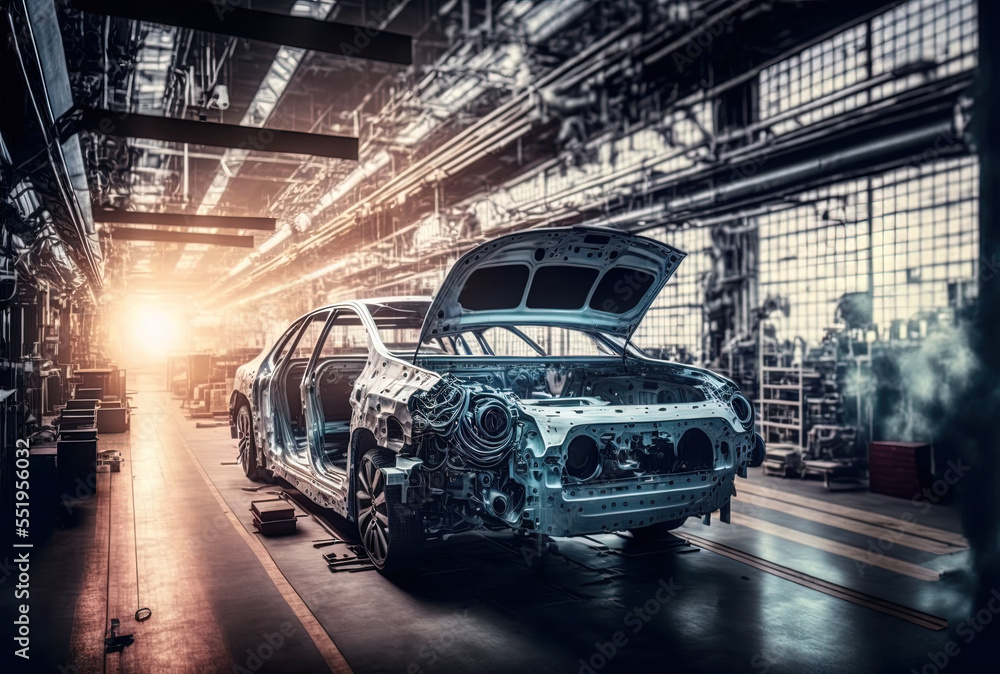 Panorama shot of an automobile production line welding a vehicle body at a contemporary car assembly