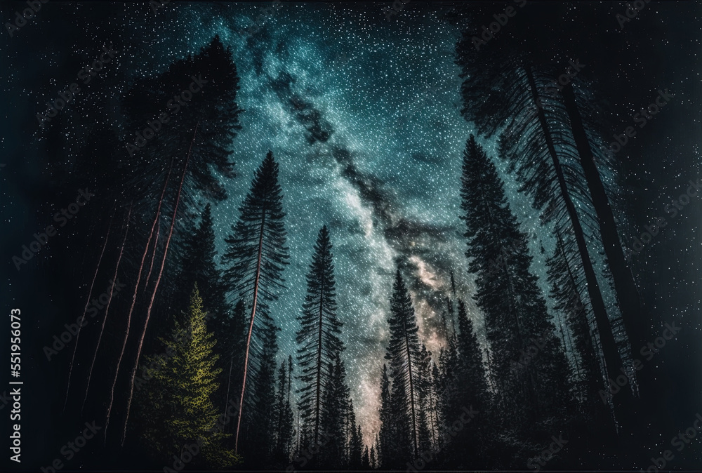 Milky way galaxy at night above a forest. Generative AI