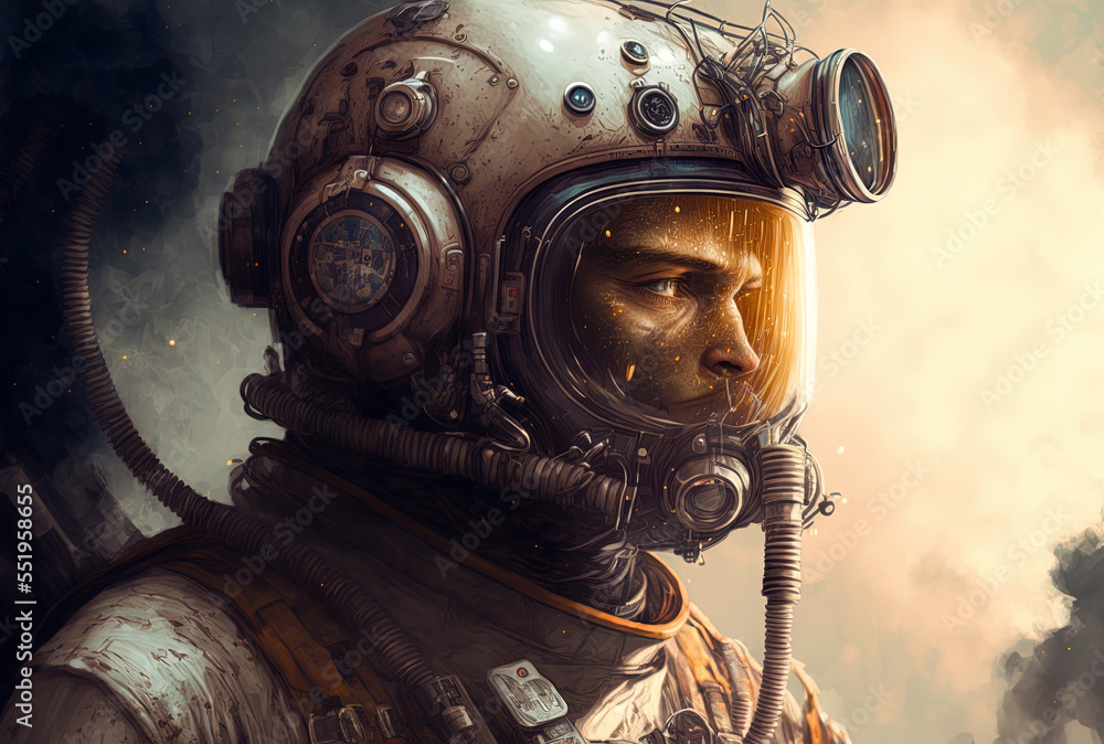 Portrait of a vintage steampunk robot in an astronaut suit and a space helmet digital art illustrati