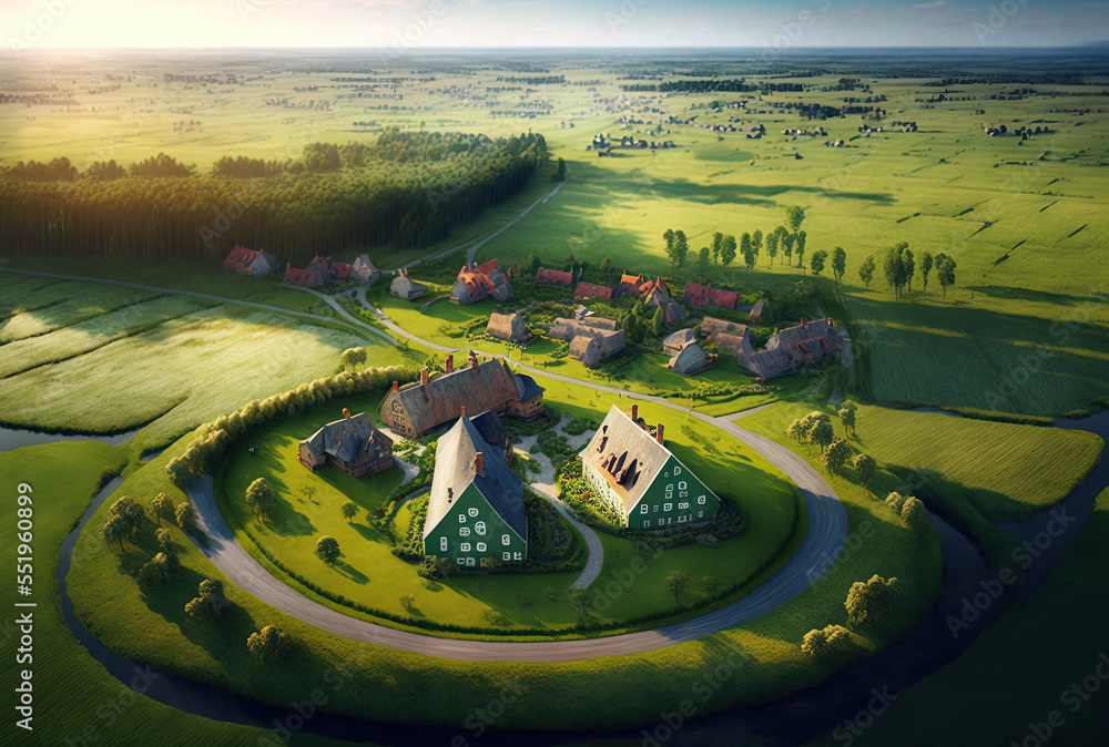 Beautiful green fields and residences of the countryside may be seen from above on a bright day. Gen