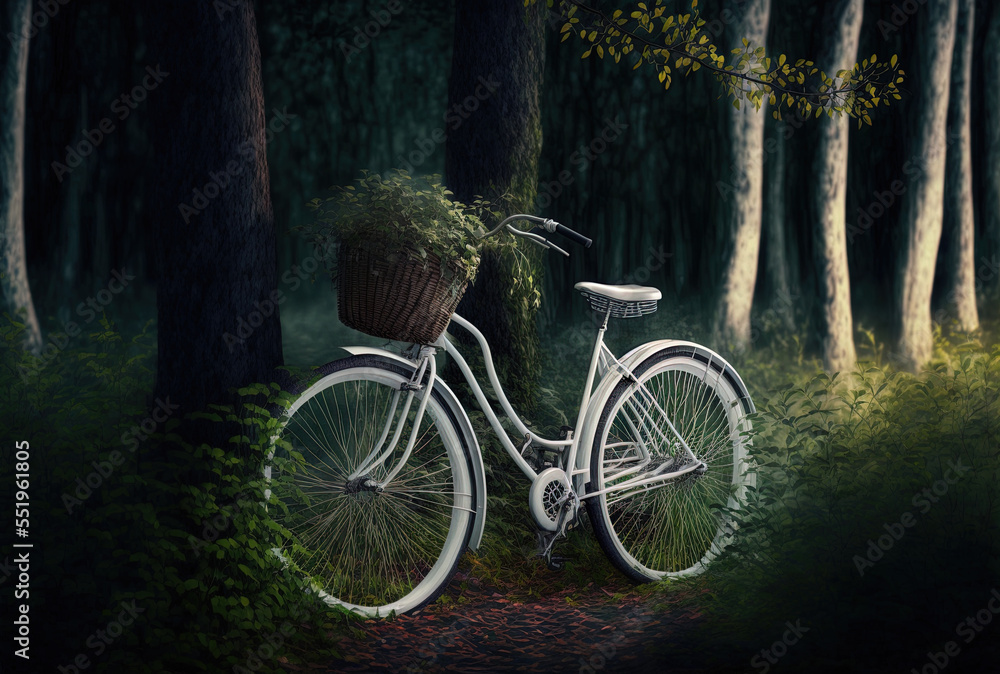 White bicycle in the forest. Generative AI