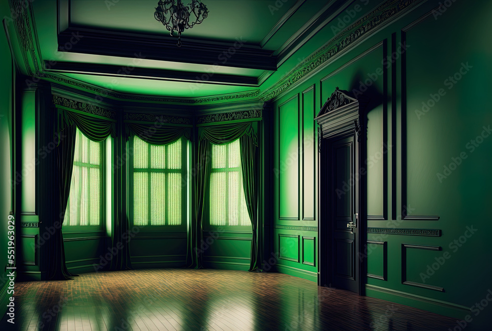 a luxurious vacant room with a green gradient backdrop for your writing and images. Generative AI