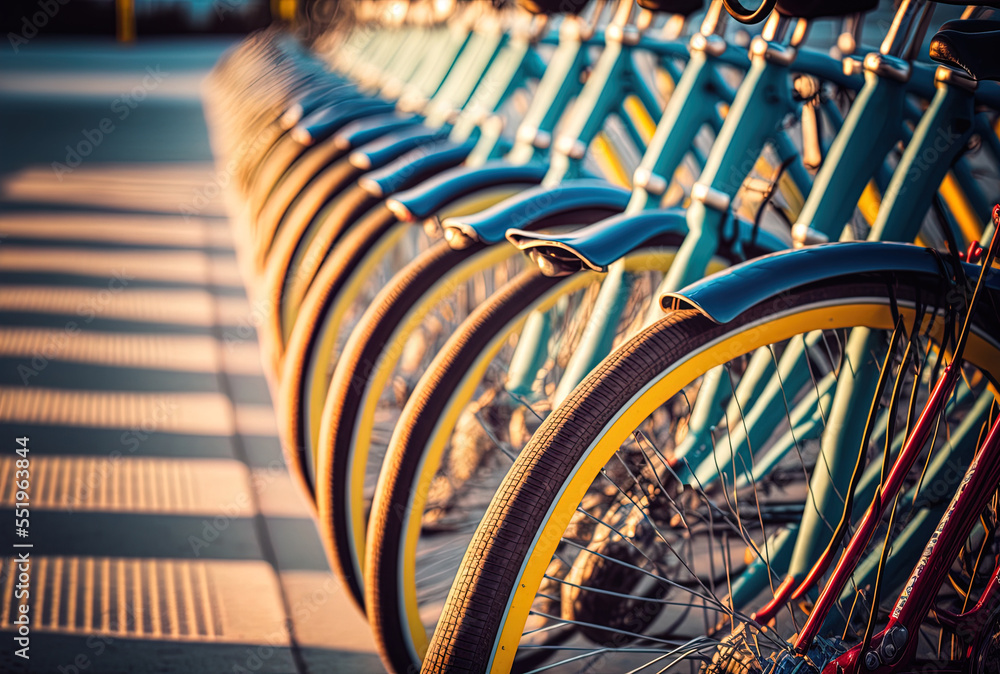 a close up of a row of bicycles on a parking lot for rent. Generative AI