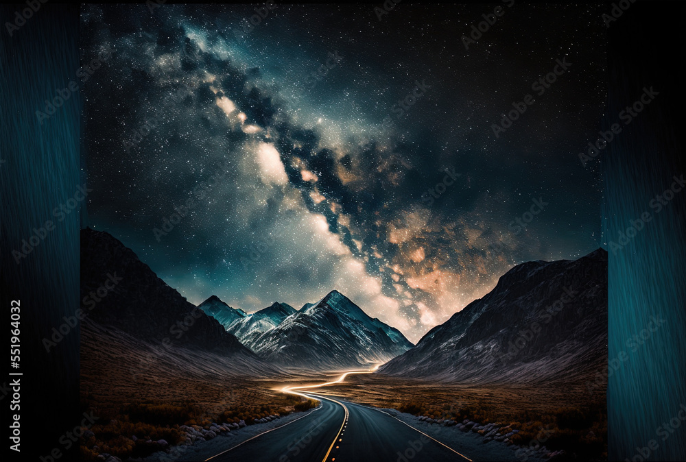 Nighttime mountain road scene with milky way galaxy background. Generative AI