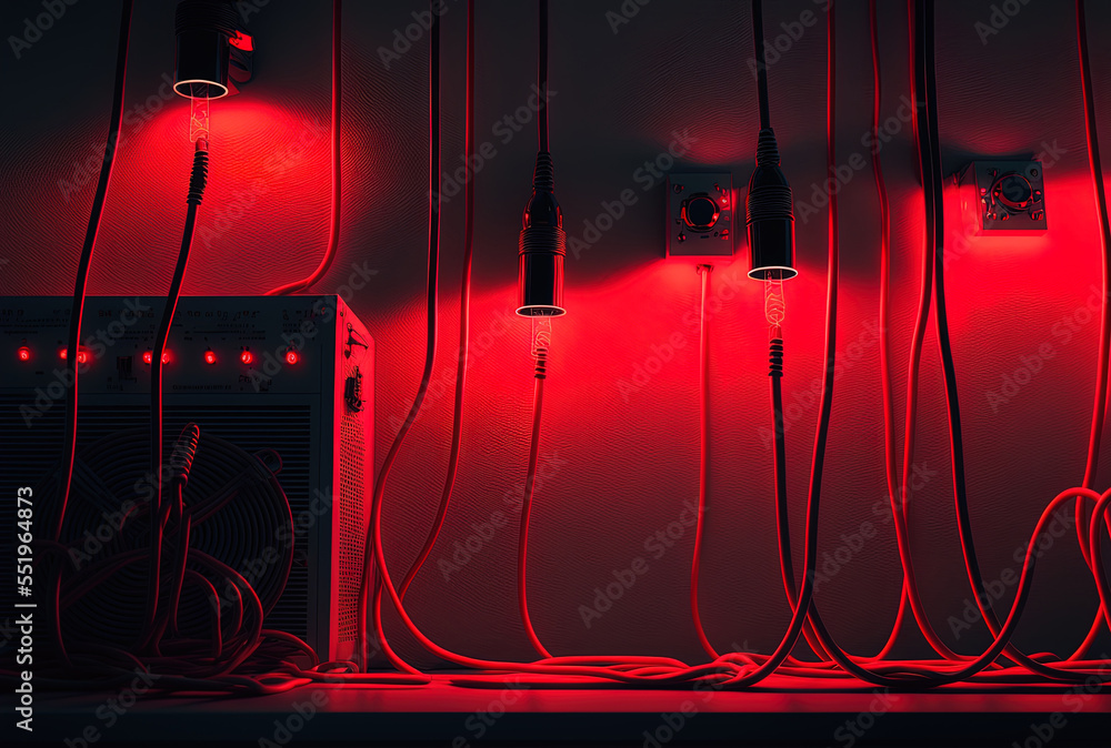 a backdrop with red light and cables. Generative AI