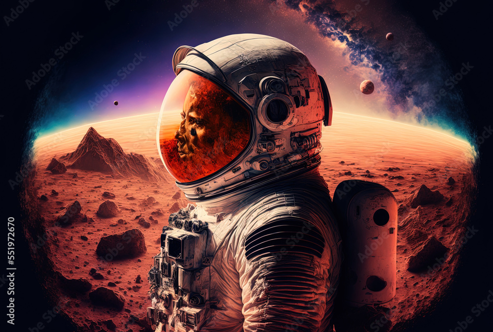 Mars planet in a creative collage with an astronaut. Generative AI