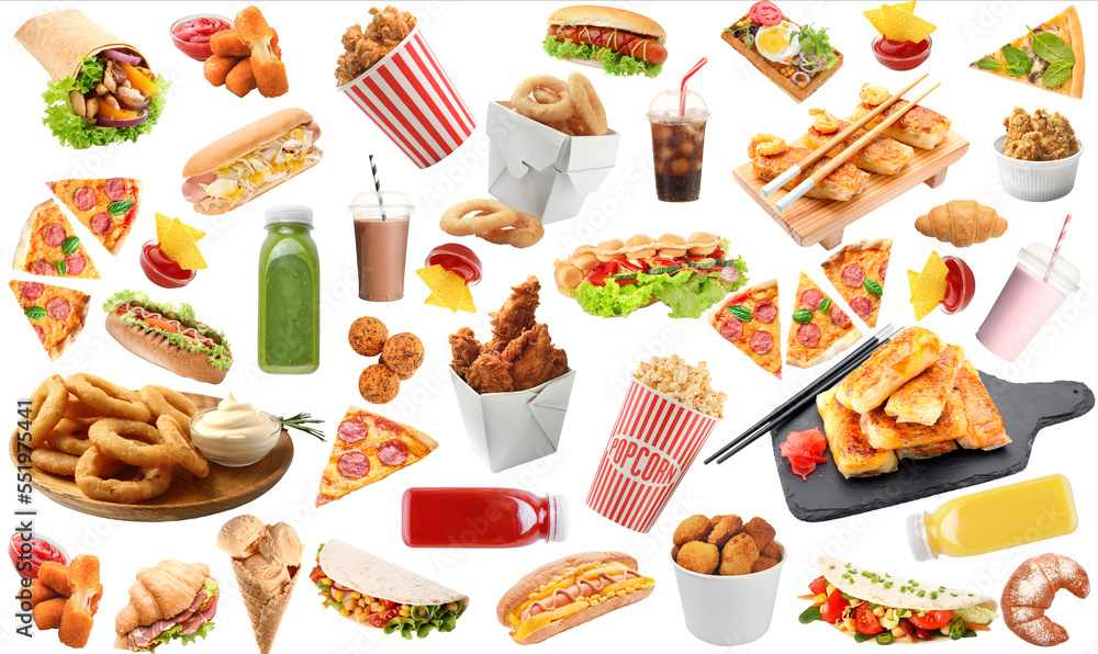 Collage of tasty fast food on white background