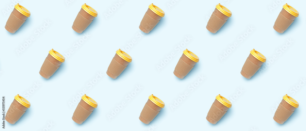 Many paper coffee cups on light background