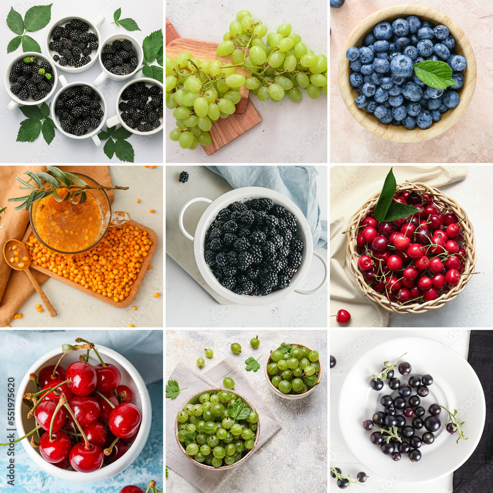 Collage of raw berries on table, top view