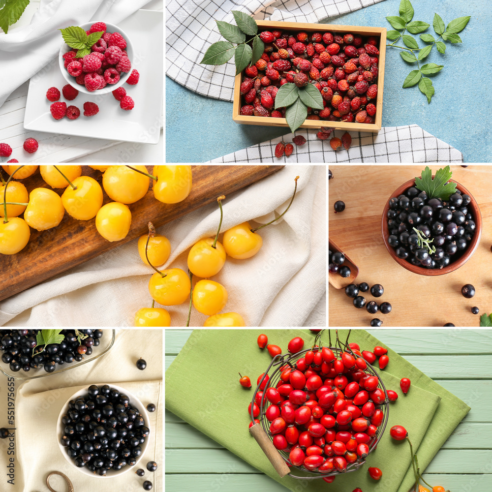 Collage of healthy berries on table, top view