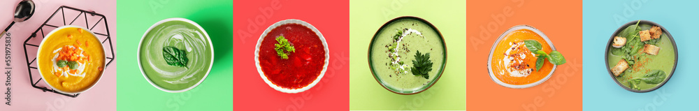 Collage of tasty vegetable soups on color background