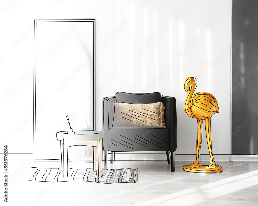 New interior of living room with comfortable armchair, golden flamingo, table and mirror