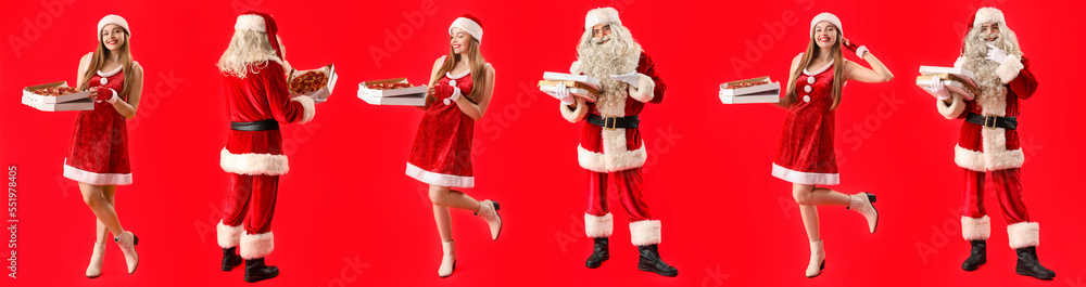 Set of people in Santa costume holding boxes with tasty pizza on red background