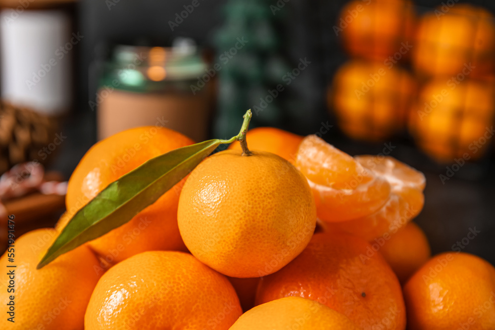 Heap of fresh ripe tangerines, closeup