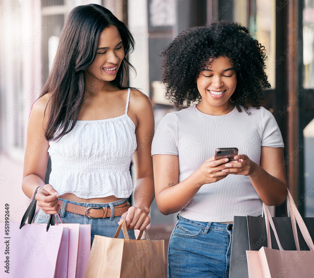 Women, friends and shopping with phone in city for mobile app connection, technology and internet. H