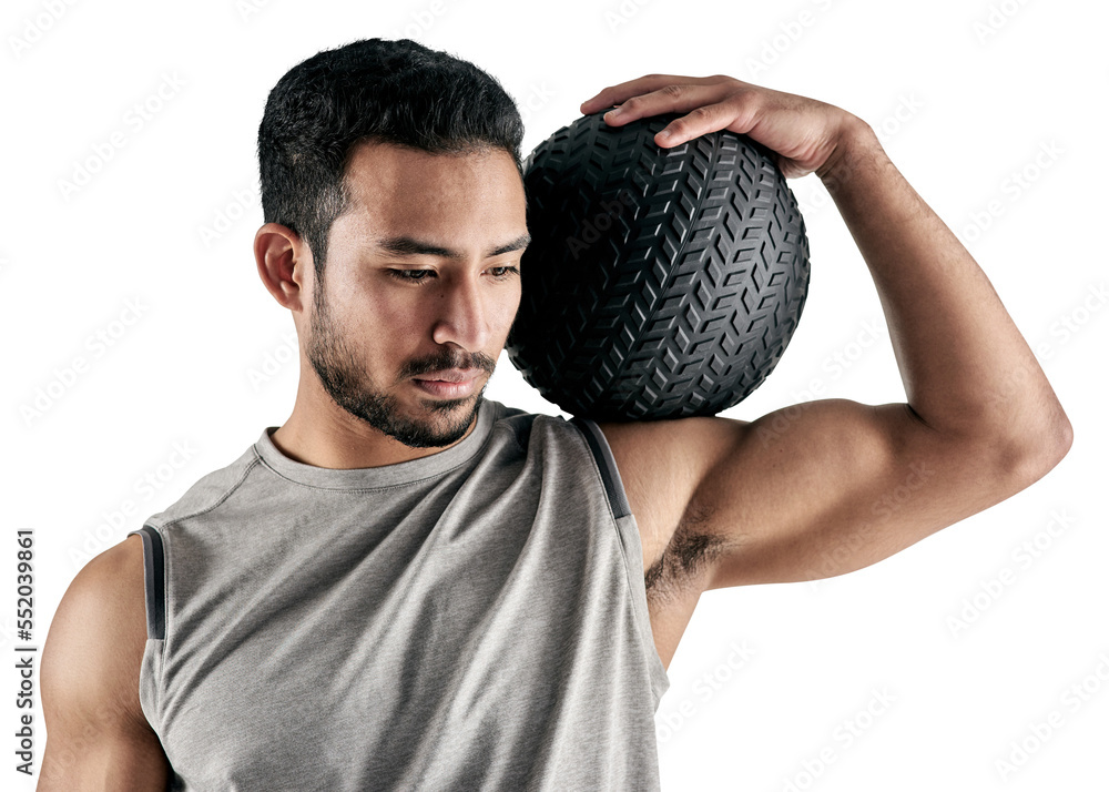 PNG studio shot of a muscular young man holding an exercise ball.