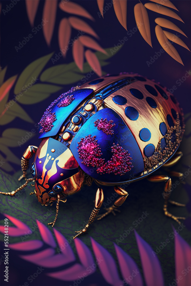 Metallic luxury Ladybug in Jungle. Generative Ai