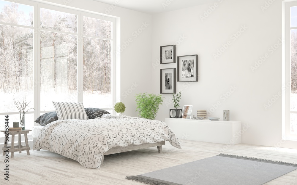 White bedroom interior. Scandinavian design. 3D illustration