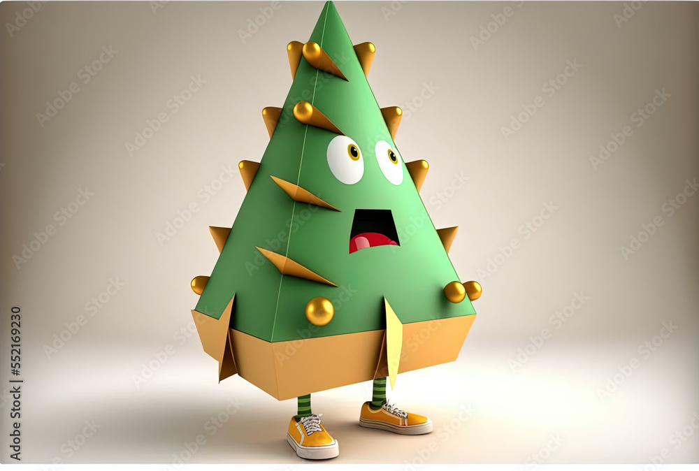 Boxes wrapped in the shape of a cartoon Christmas tree with green cone and golden legs. Generative A