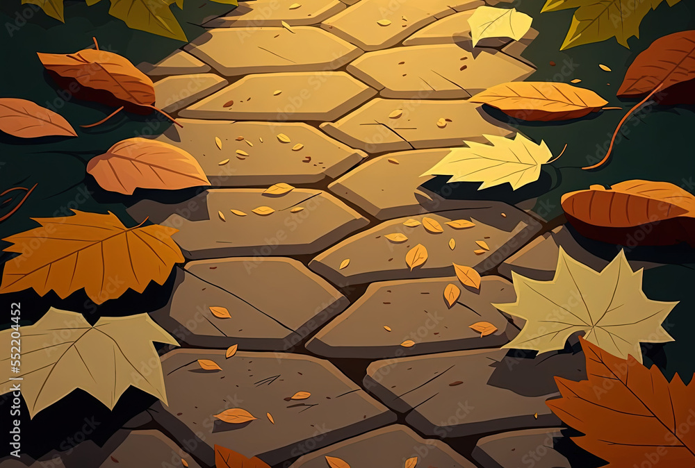 Background with autumnal leaves. Autumn leaves on the ground block concrete road. Generative AI