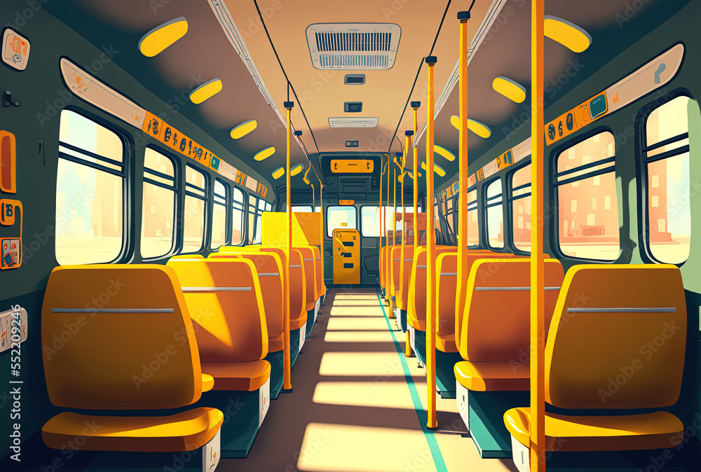 a municipal buss interior with yellow holding rails. Generative AI