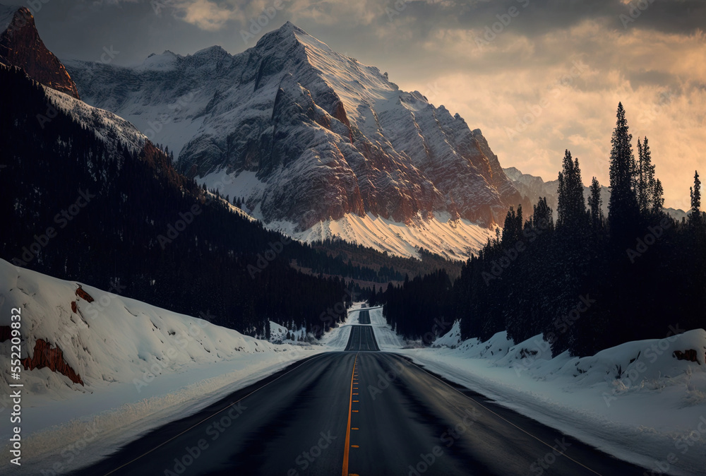 Beautiful photograph of a deserted road across snow covered, high rocky mountains. Generative AI