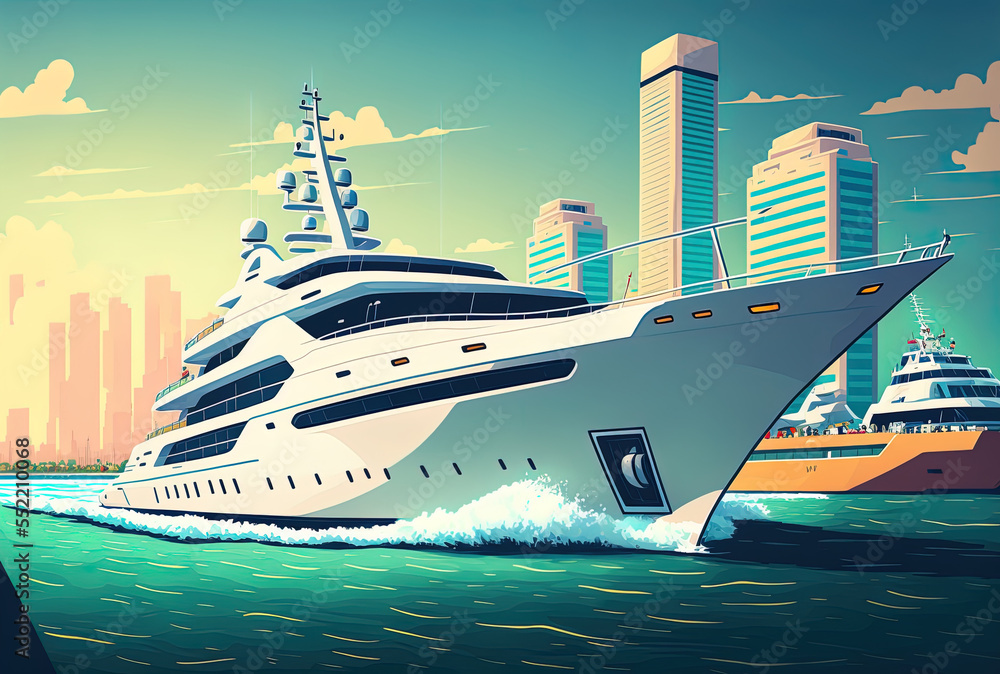 White yacht cruising on the sea as it leaves the marina docks. Generative AI