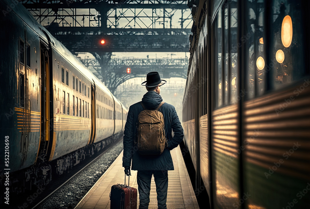 traveler waiting for train, from the back. Generative AI